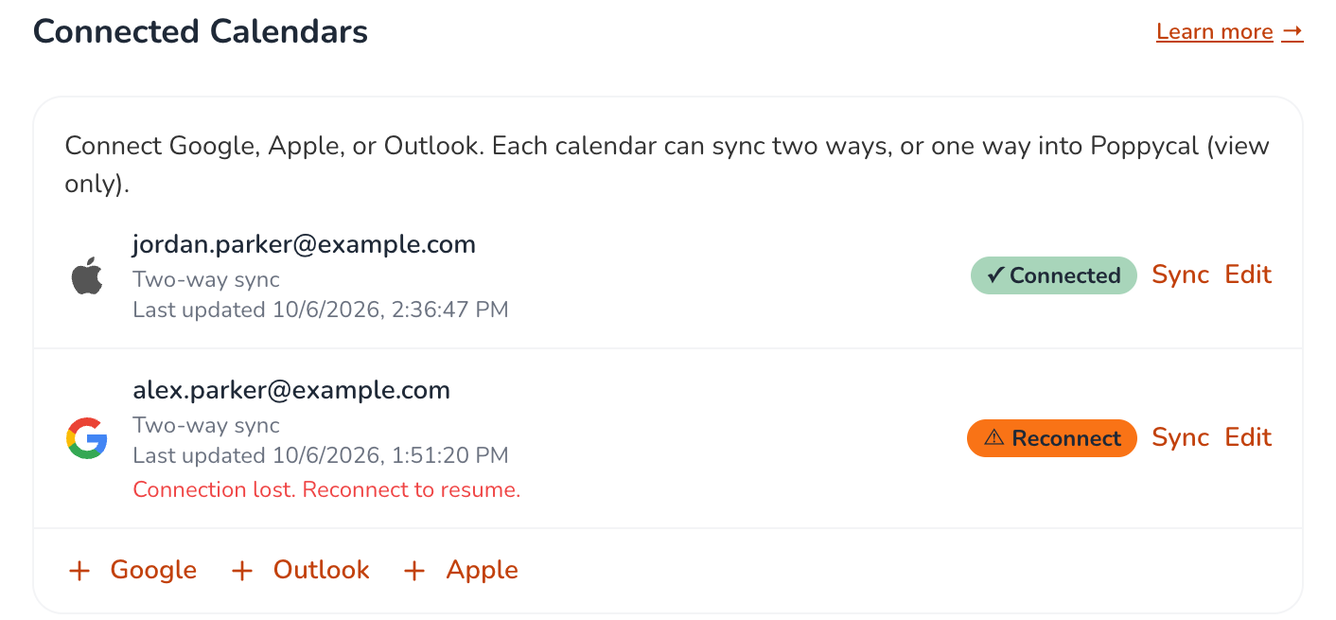 Connected Calendars with two accounts. The Apple account shows a green Connected badge. The Google account shows an orange Reconnect button and, in red under its last updated time, Connection lost. Reconnect to resume.
