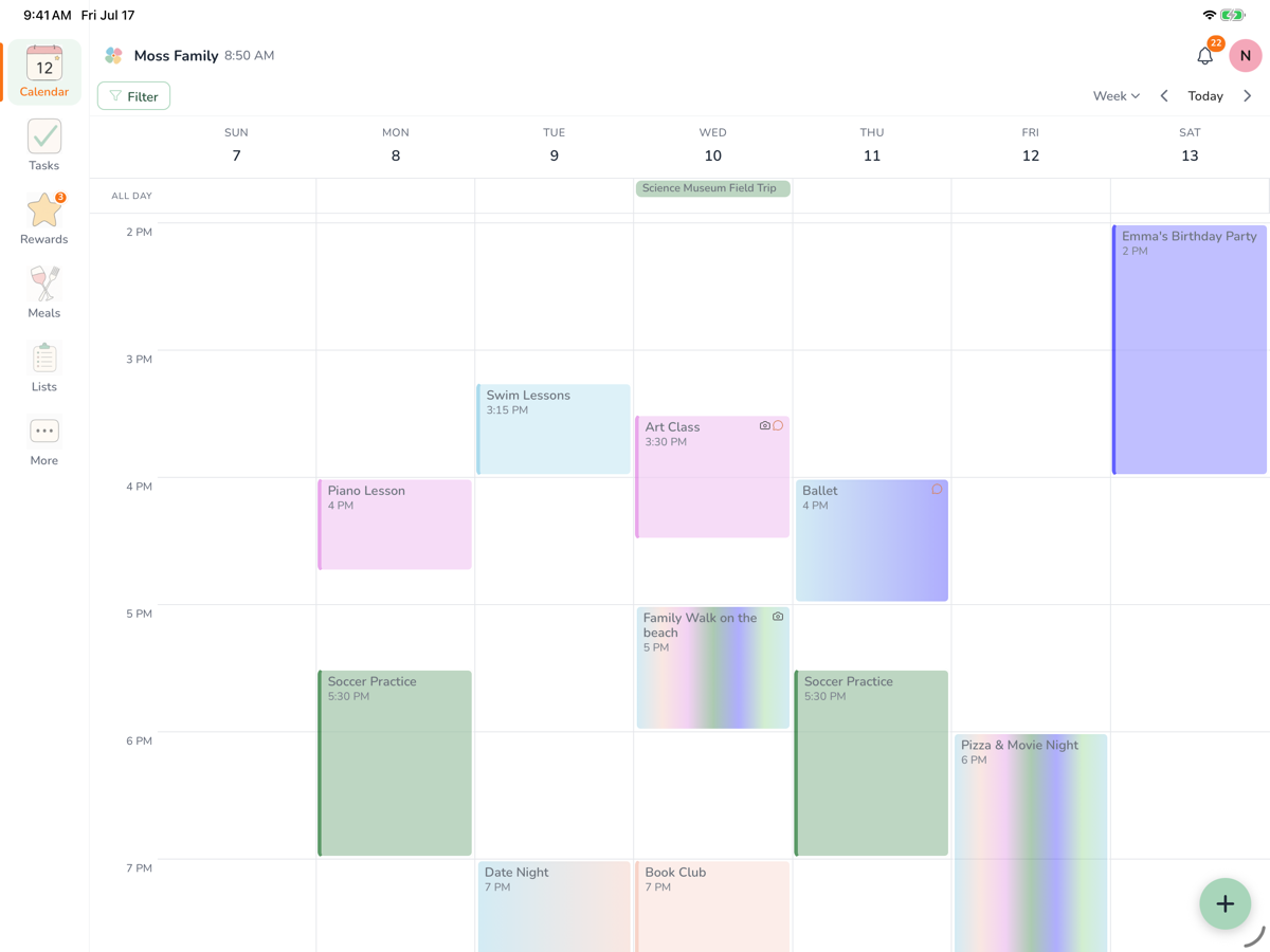 A week calendar, Sunday to Saturday, with each family member's events in their own colour: swim lessons, art class, ballet, soccer practice, date night, and a birthday party.