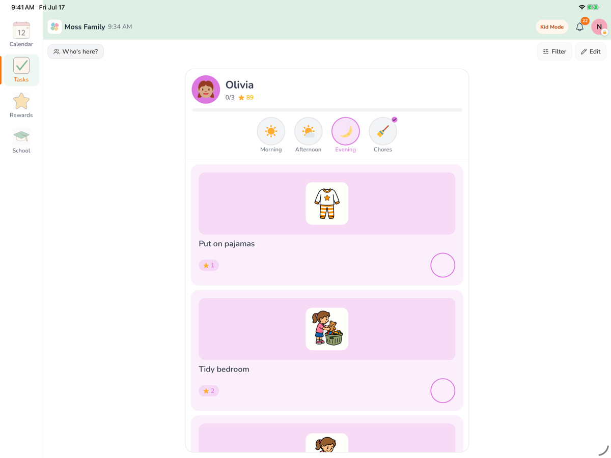 Kid Mode, locked to one child. The navigation drops to four items and the screen shows only Olivia's evening tasks: put on pyjamas, tidy bedroom.