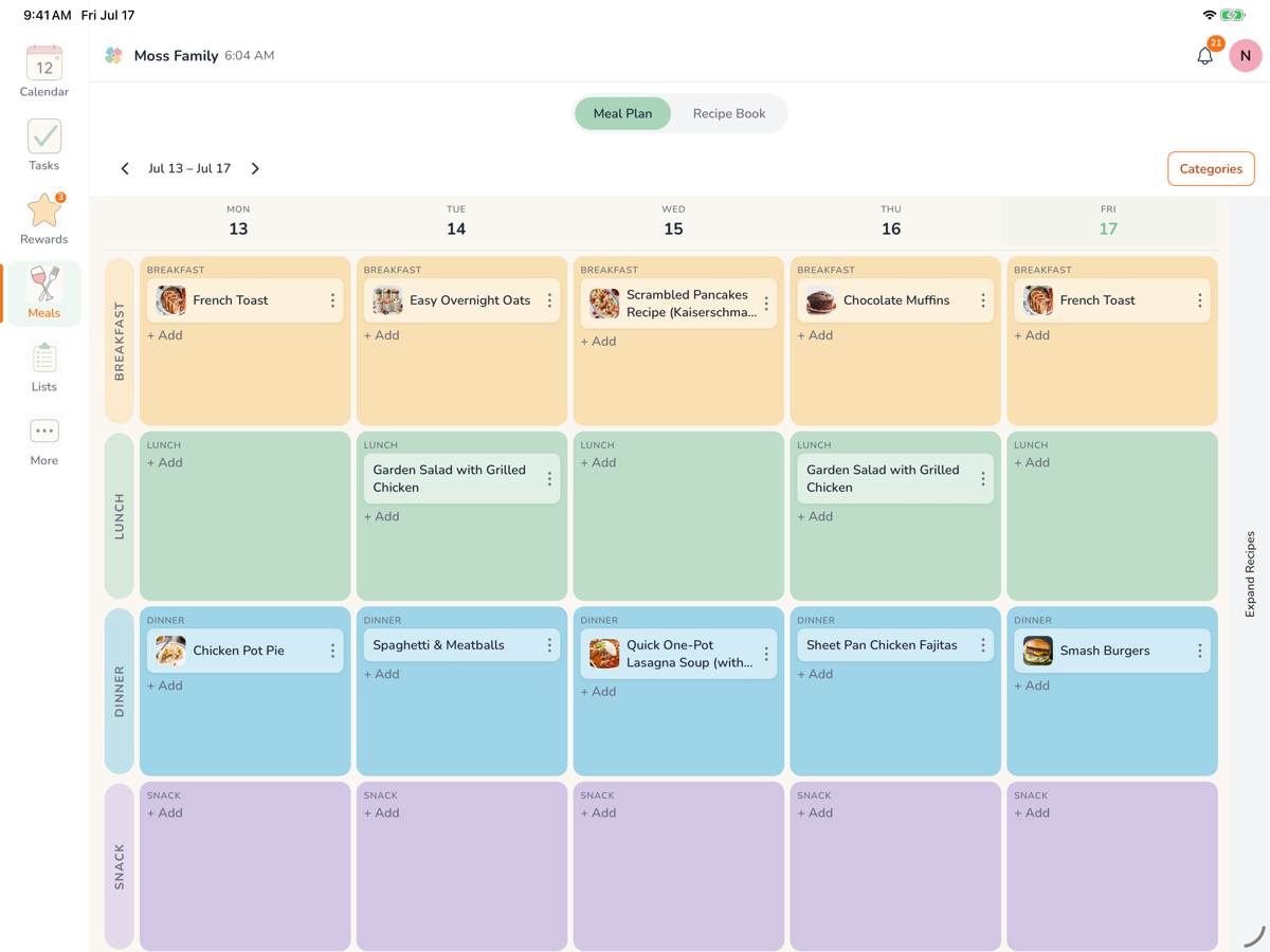 A week of meals laid out as a grid, with breakfast, lunch, dinner, and snack for each day from Monday to Friday.